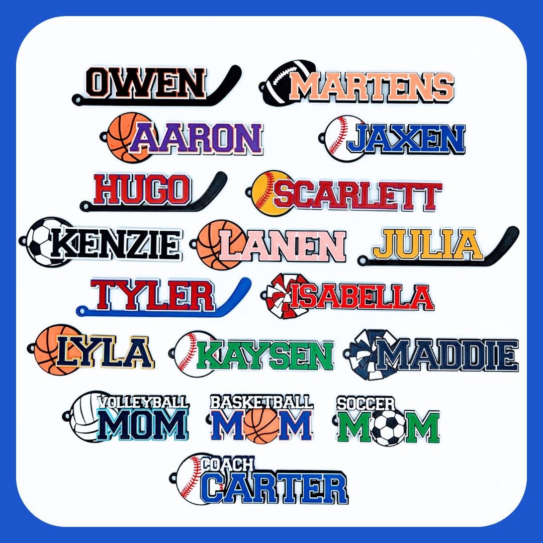 A variety of personalized sports-themed bag tags Each is customized with sports-related icons like hockey sticks, soccer balls, baseball and basketball. includes MOM, and COACH tags, showing the versatility in design and customization options.Gift